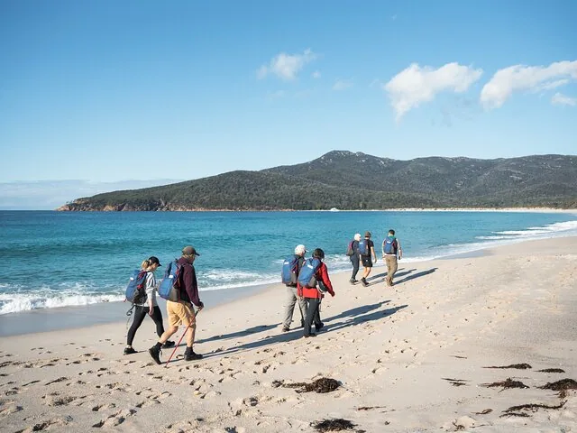 Group of hikers walking along a sandy beach towards mountains.