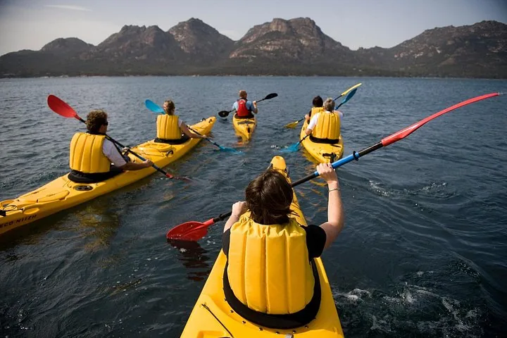 Group of kayakers paddling on the water toward rugged mountains in the distance